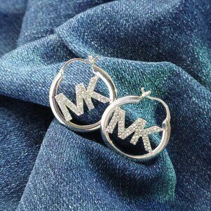 Michael Kors Pave Hollow Logo Silver Plated Hoop Earrings